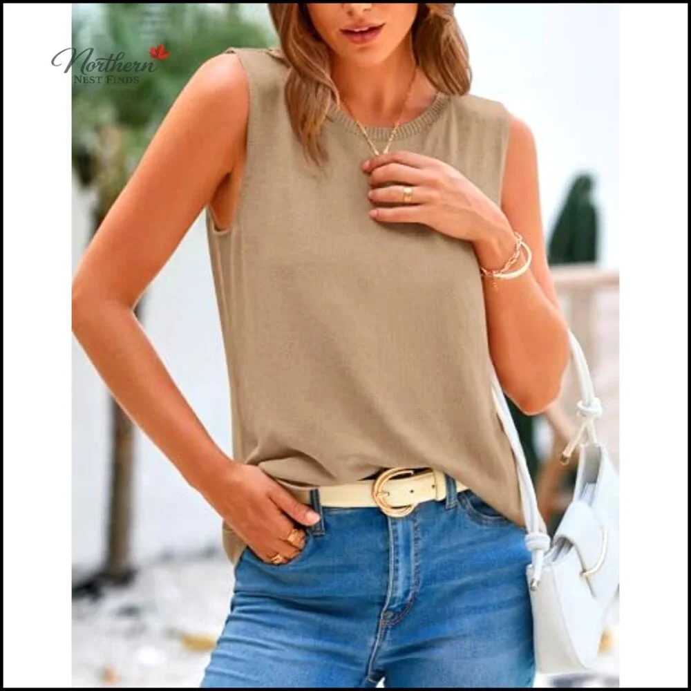 Sleeveless Ribbed Knit Sweater Vest Lightweight Pullover Crew Neck Tank Top - Picture 2 of 7